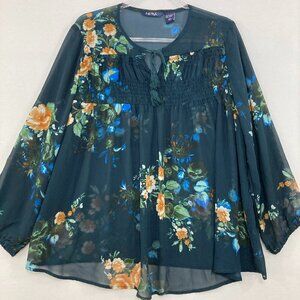 Life Style size XL Teal Floral Tie Front Smocked Chiffon Sheer Feminine Blouse